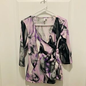 Y2K Abstract Lavender Faux Wrap Dressy V-Neck Blouse Top Vintage 2000s Sz S